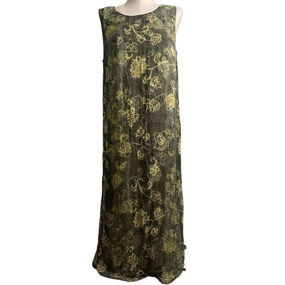 August Max Woman Sleevless Midi Dress 16W Green Sheer Floral Overlay Artsy Lagom